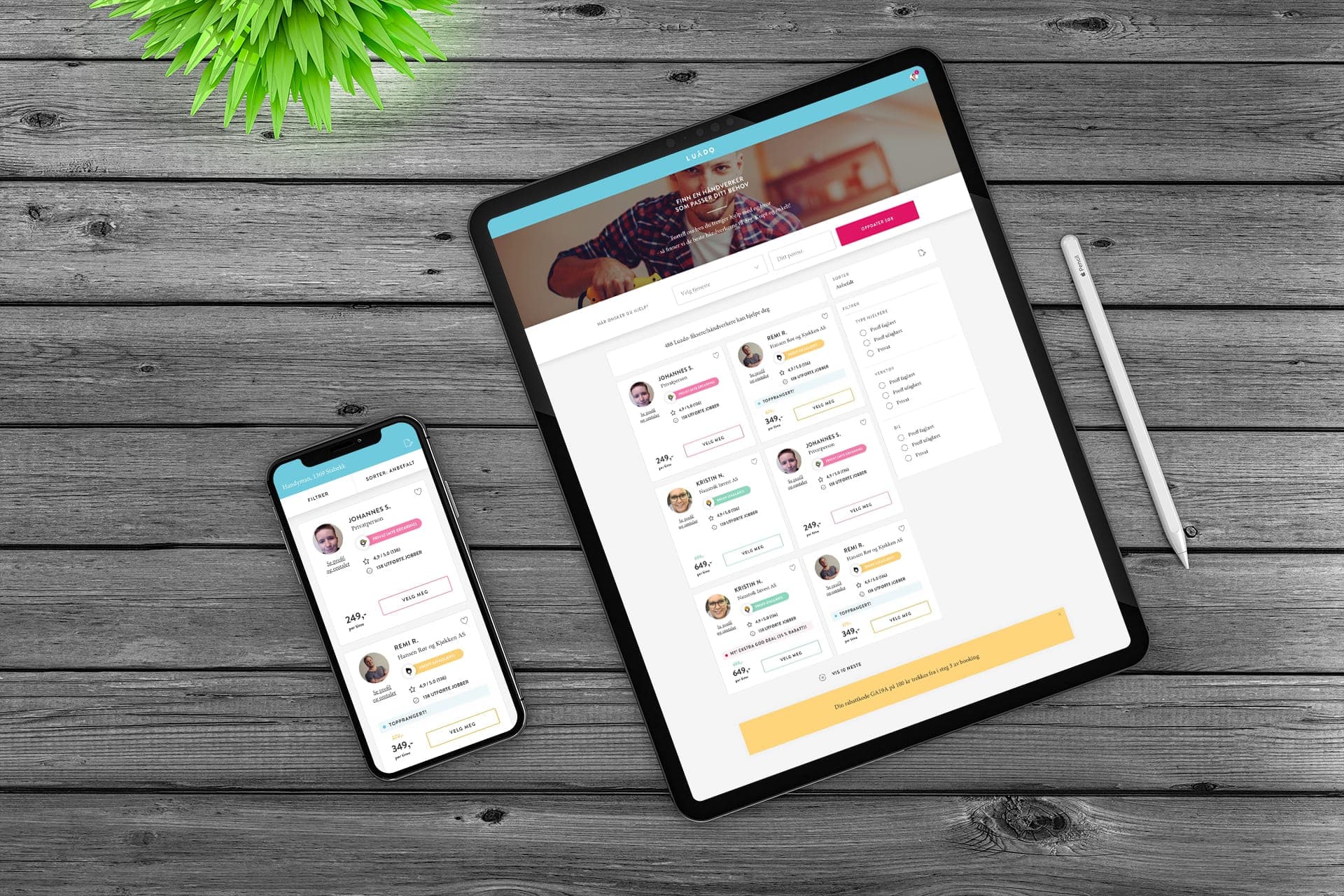 Luado marketplace on tablet and phone, showing helper profiles, ratings and booking