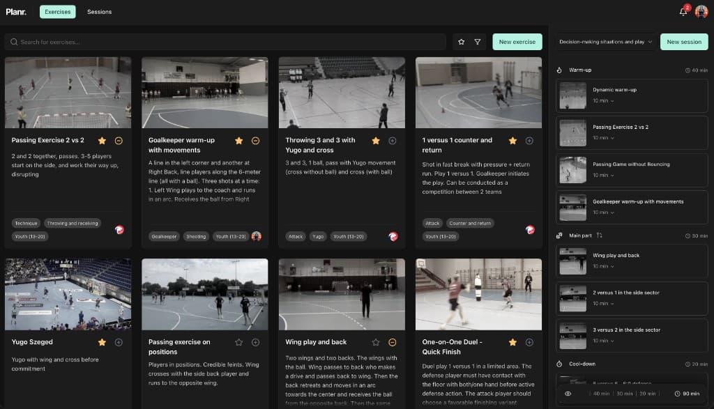 Planr platform exercise library with handball drills and a session plan in the side panel